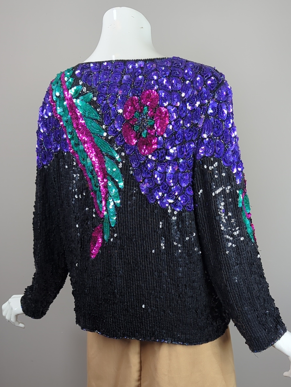 Vintage Silk All Over Sequin Black Top Purple Floral Accents 80s Large